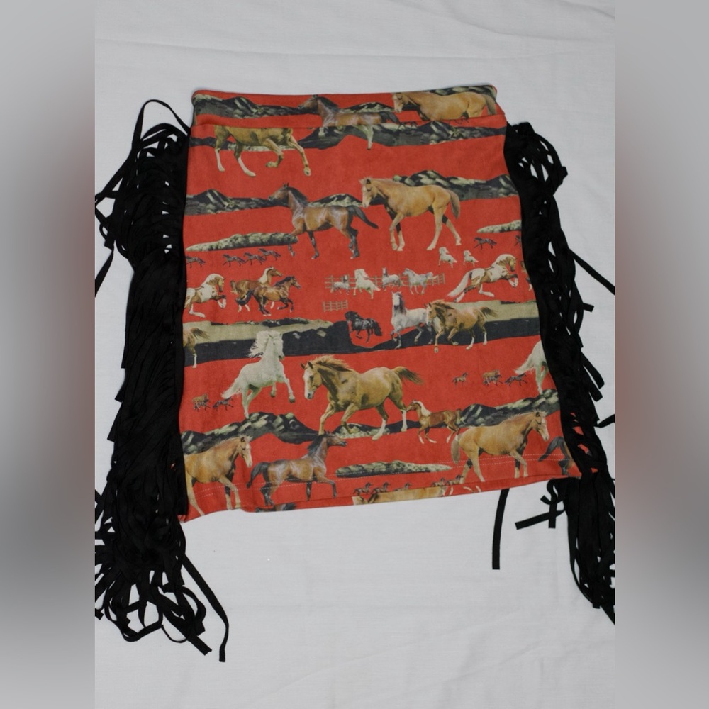 Women's High Low Skirt with Horse Print and Fringe